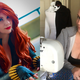 Martha Howard has swapped Black Widow cosplay (left) for a sewing machine to make masks.